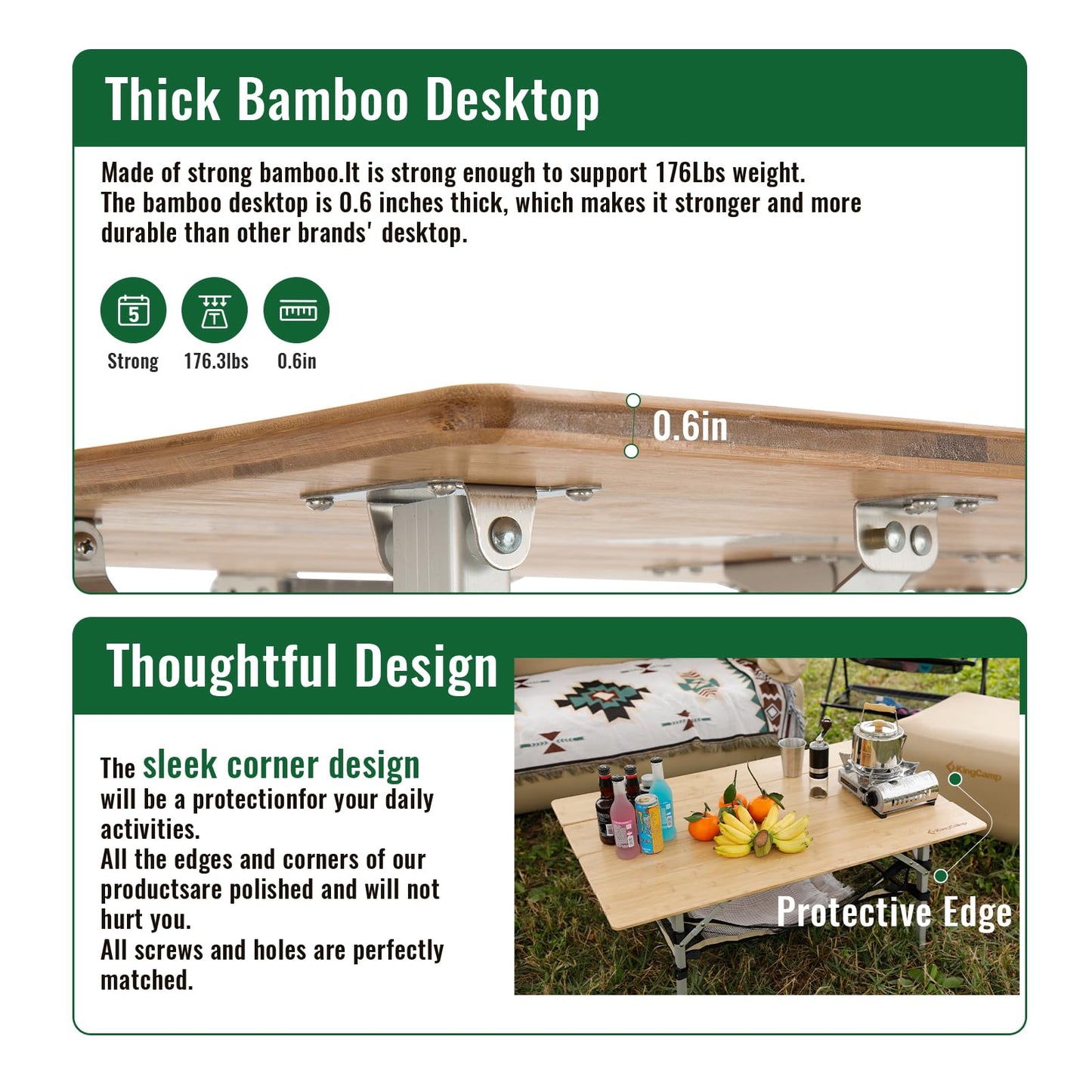 KingCamp Bamboo Folding Camping Table Adjustable. Supports 176lbs with A Premium Bamboo Top and 3 Adjustable Heights, Ideal for Stable Dining or Cooking at Picnics, RVs, and Glamping Sites