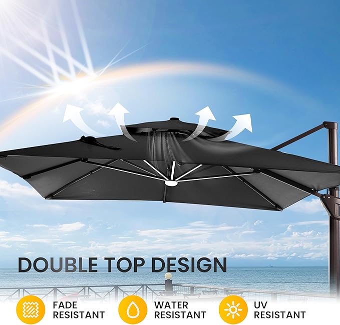10 X 13 FT Cantilever Patio Umbrella with LED Lights Outdoor Heavy Duty Double Top Windproof Rectangle Offset Umbrellas with 360-degree Rotation for Pool Deck Backyard, Black
