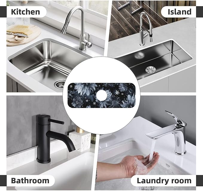 Faucet Draining Mat For Kitchen Sink, Stylized Gray Chrysanthemum Flowers