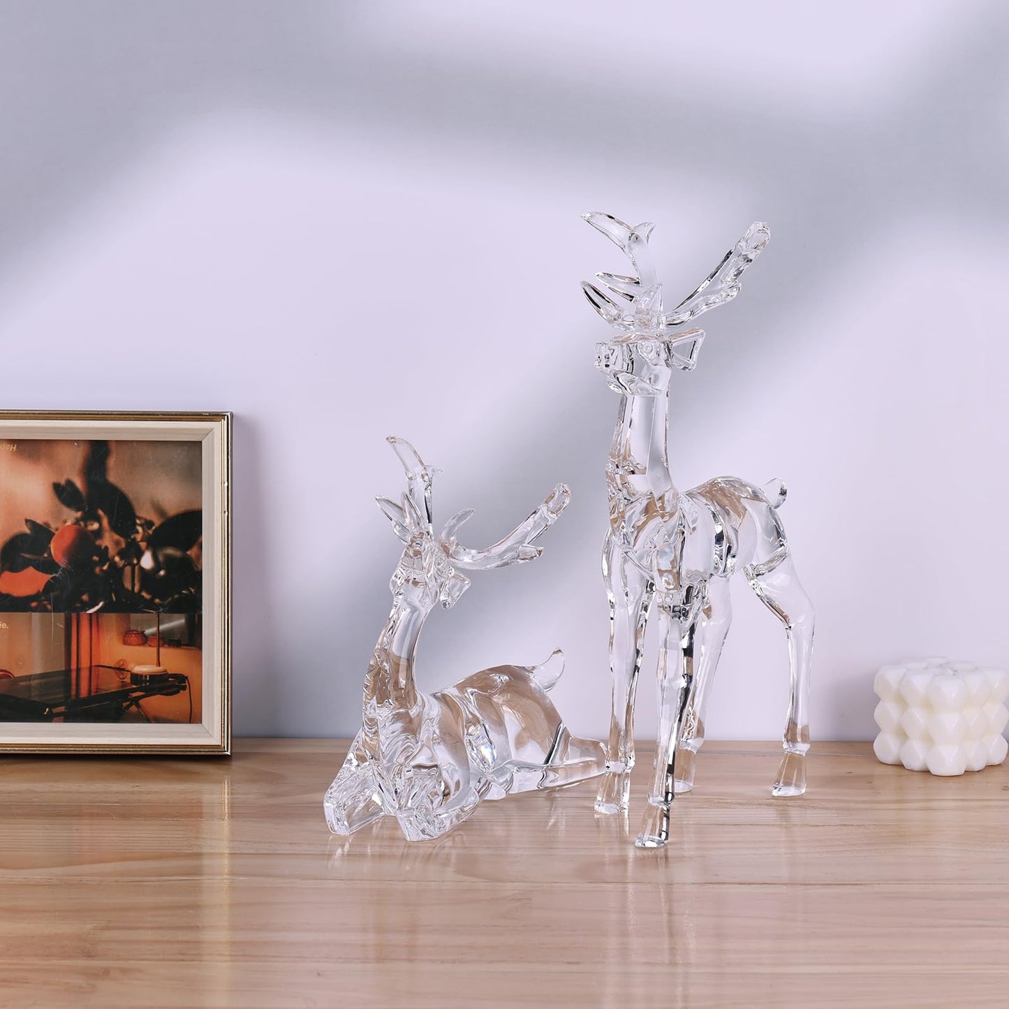 Deluxe Acrylic Christmas Deer Figurines Set of 2, White Clear Reindeer Figurines, Deer Statue and Sculpture for Holiday Reindeer Christmas Indoor Decoration Table Top High End Clear Crystal Finish