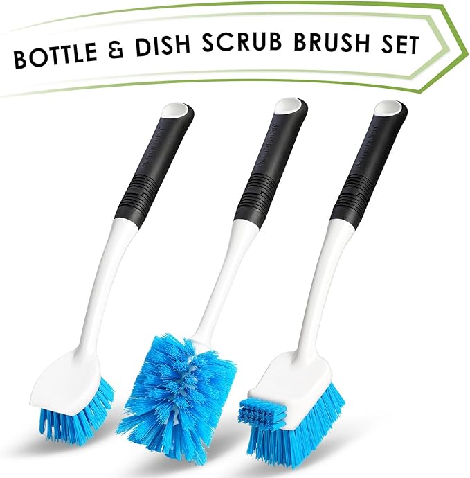 Dish Brush Set of 3 with Water Bottle Brush, Dish Scrub Brush and Scrubber Brush