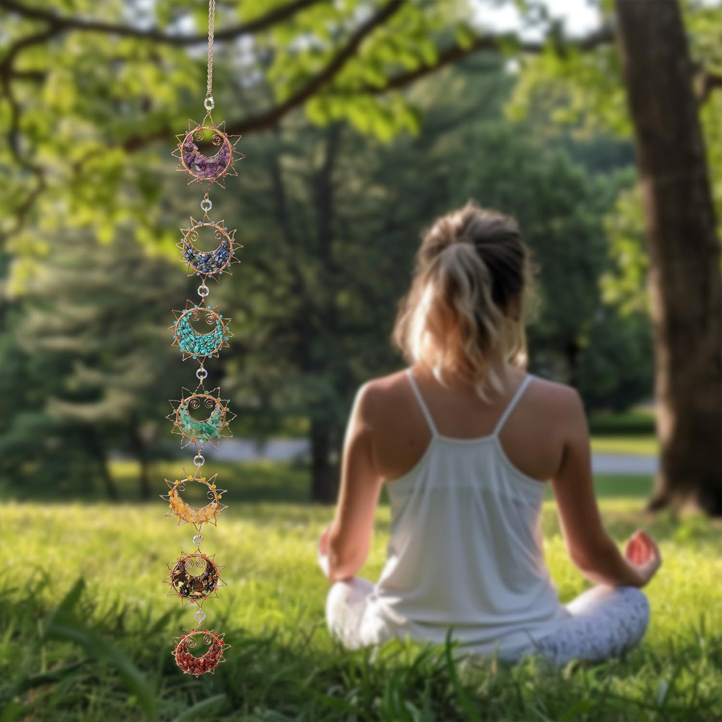 7 Chakra Healing Crystals Hanging Ornament，Handmade Sun Chakra Stones Natrual Gemstones Wall Hanging Ornaments for Home Decor Yoga Meditation (7 Chakra Sun)