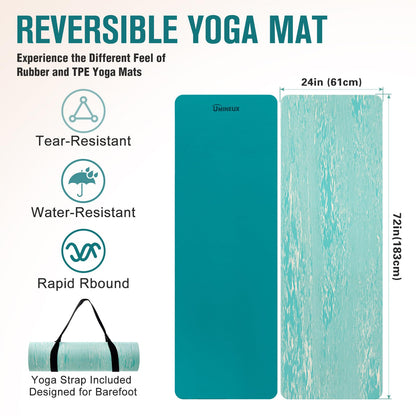 Extra Thick Yoga Mat, 2/5 Inch (10MM), Natural Rubber and TPE Non Slip Yoga Mats with Strap for Women Men, Eco Friendly Exercise Mat for Yoga, Pilates and Home Workout