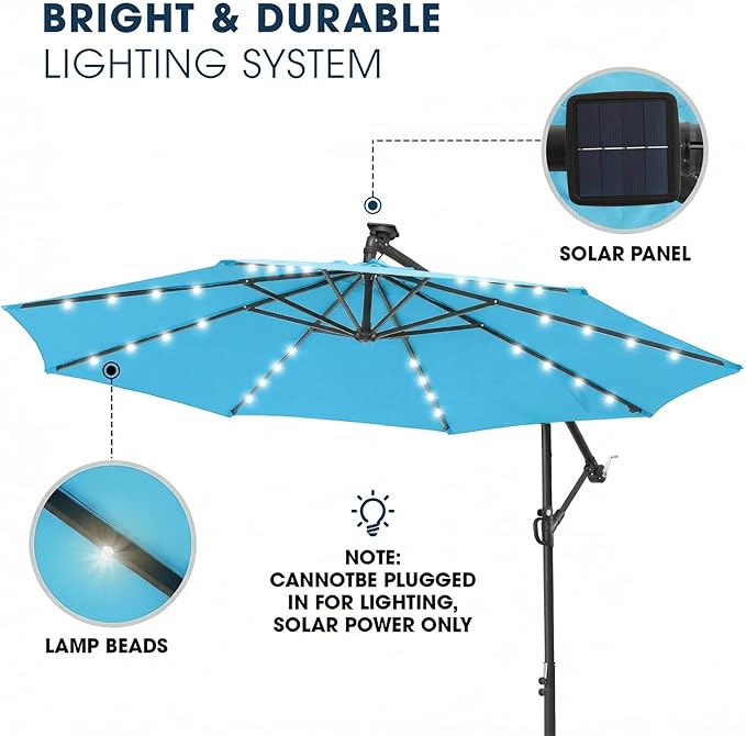 wikiwiki 10ft Solar LED Patio Umbrella with Base Included, Offset Umbrella with Weighted Sandbag Base, Cantilever Patio Umbrellas for Backyard, Garden & Deck, 32 LED Lights & Polyester Shade, Sky Blue