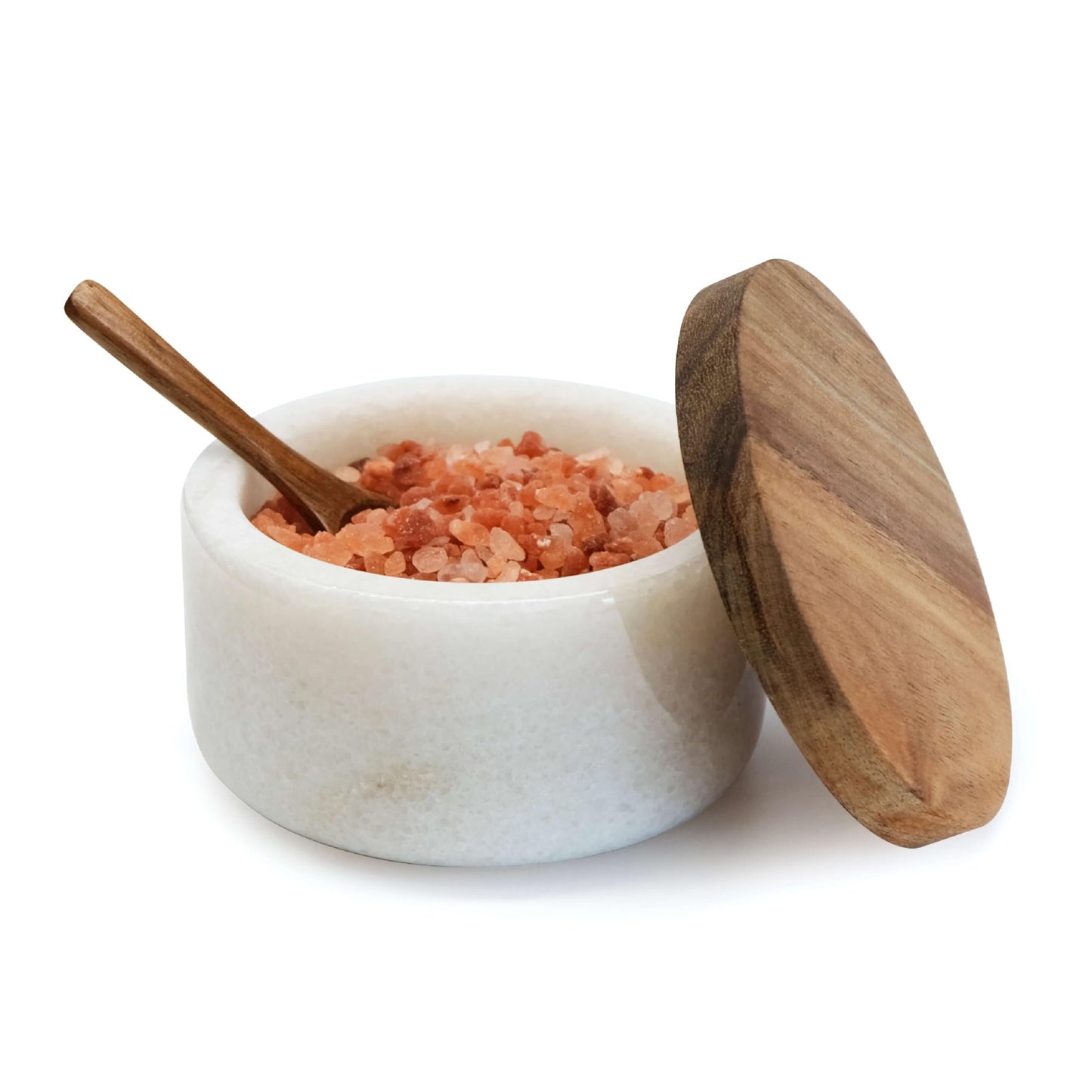 seicasaya Marble Salt Cellar with Acacia Wood Lid and Spoon – 4-inch Salt Box with Spoon Slot, Kitchen Spice Container for Salt, Sugar, or Spices (White)