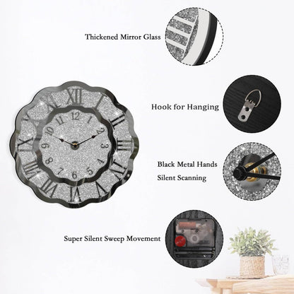 FEUFOAM Crushed Diamond Mirrored Wall Clock Silver Modern Crystal Clocks for Bedroom Unique Home Decorative Glass Mirror Hanging Clock for Living Room Office Dining Decor