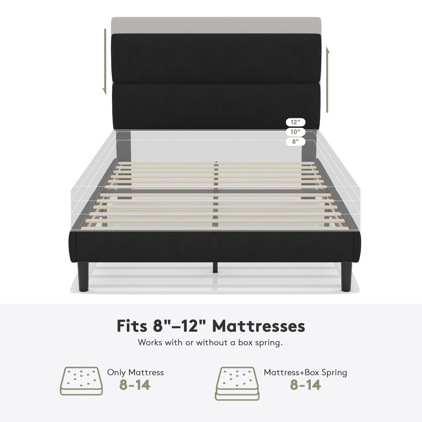 GRUSIGN Full Size Platform Bed Frame with Velvet Headboard, Adjustable Height Wooden Slats Support, Upholstered Mattress Foundation, Fits Mattress or Mattress with Box Spring, Easy Assembly, Black