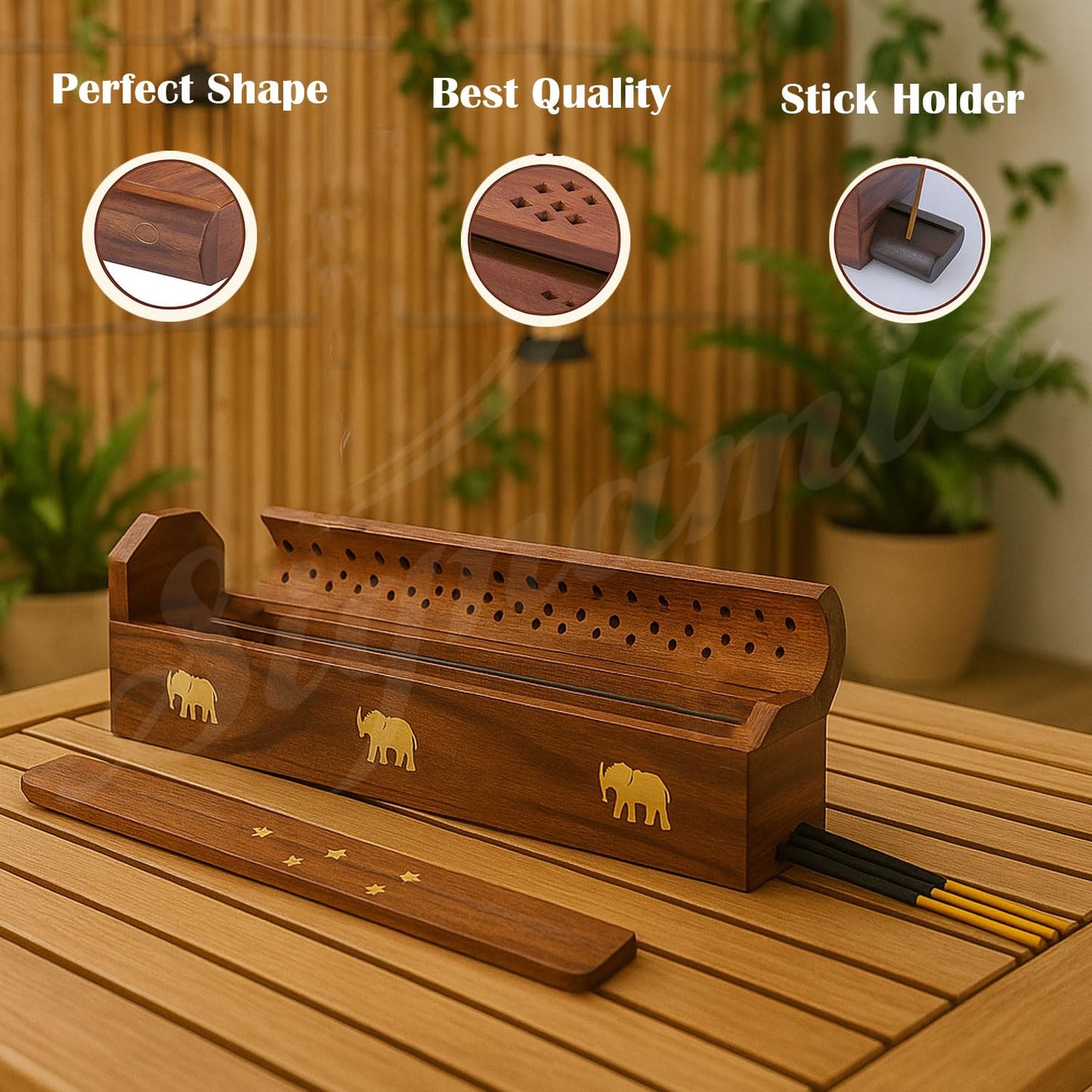 SIGNAMIO® 3 Pcs Premium Wooden Sambrani Dhoop & Incense Stick Agarbatti Holder Set: Agarbatti Stand with Ash Catcher, Pooja Room Decoration Essential, Pooja Thali Accessories, and Mandir Decor Items