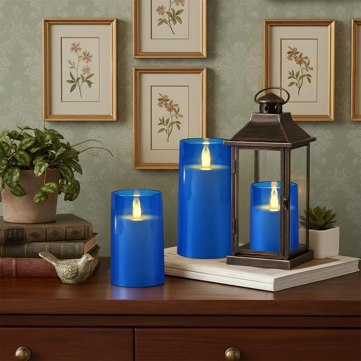 Raycare Flameless Electronic Pillar Candles with Remote Control and Timer- Battery Operated Realistic Flickering LED Fake Candle for Home, Wedding, Valentine's Day Decor,Blue,Set of 3(3"x4"5" 6")