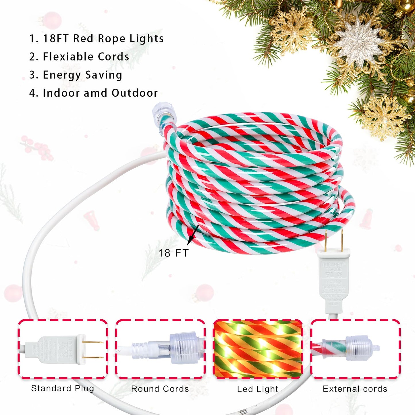Vigdur Christmas Candy Cane Lights - 18FT LED Candy Cane Rope Lights Outdoor Waterproof Decorative Christmas Lights for Holiday Party Home Patio Indoor Xmas Decorations(216 LEDs)