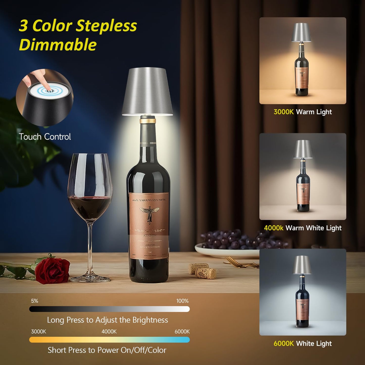 Hoide 2025 New Wireless Bottle Lamp - LED Bottle Lights for Liquor & Wine Bottles, Cordless Lampshade, Whiskey Bottle Top Light, Bottle Stopper Night Light Kit, Rechargeable 3-Tone Touch-Dimmable