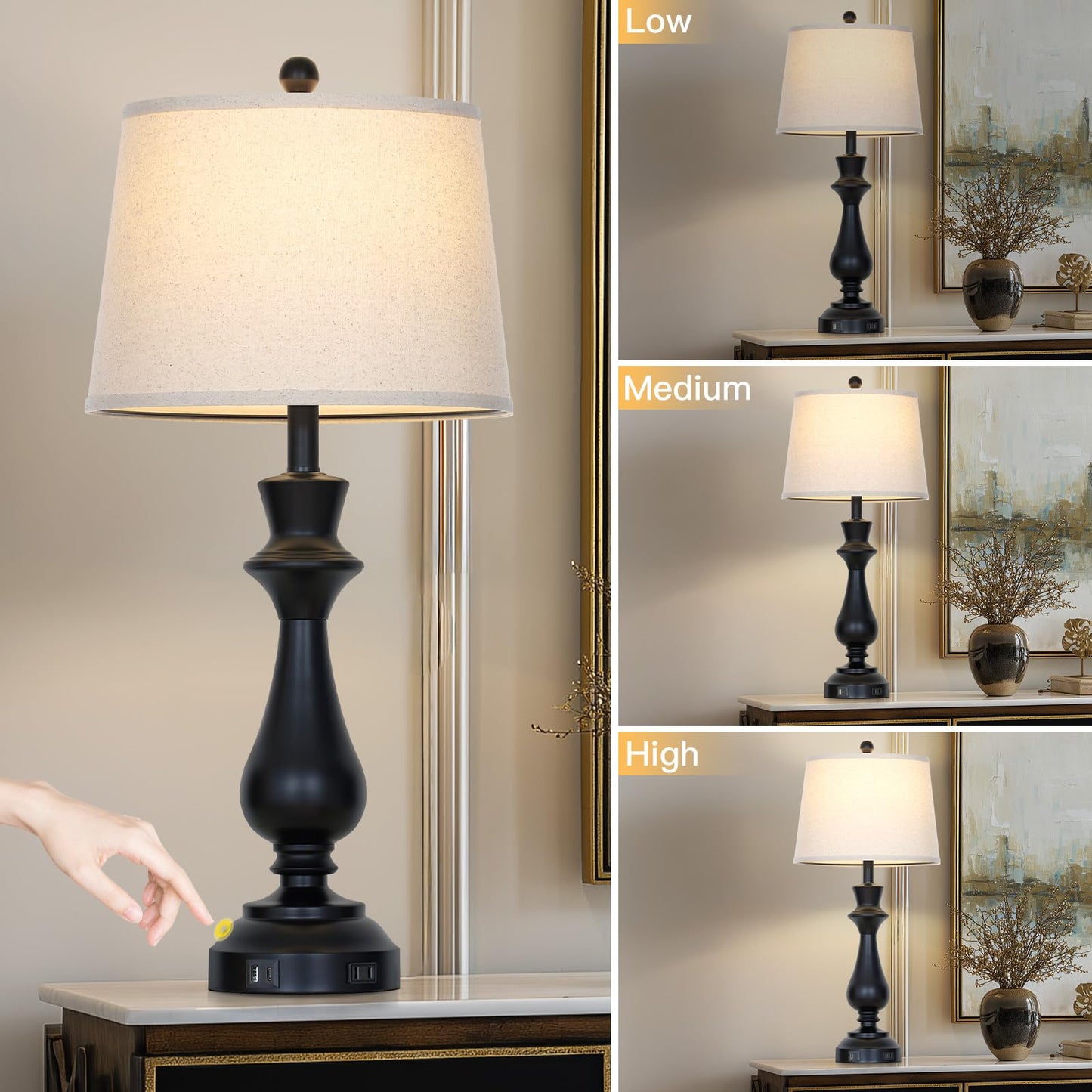 luxeflow Modern Black Table Lamp for Living Room,30" Tall Bedside Lamp with USB Charging Port,3-Way Dimmable Touch Nightstand Lamp for Bedroom Desk Side Table Office,Black-1P