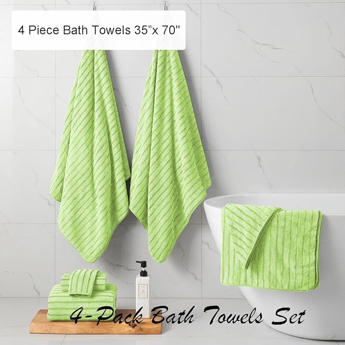 4 Pcs Grass Green Cabana Stripe Large Bath Towels 35"x70" Oversized Bath Sheet