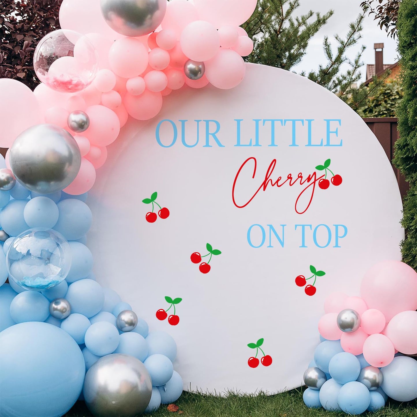 FYSUIMU Our Little Cherry On Top Decal Cherries Backdrop Decorations Party Stickers Red Blue Welcome Sign Decal for Balloon Arch Wedding Baby Shower Birthday