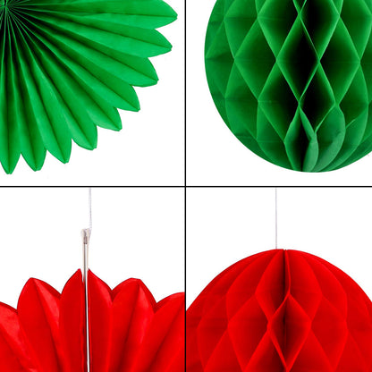 Konsait 30pcs Christmas New Year Hanging Decoration Paper Honeycomb Balls Paper Fans Kit for Xmas Party Decor Supplies Baby Shower Birthday Wedding Home Decoration Red White Green Decor