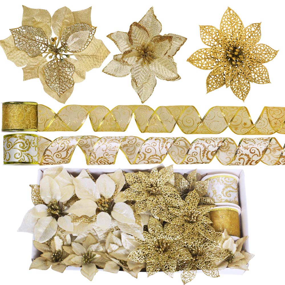 Winlyn 26 Set 3 Style Christmas Gold Glitter Poinsettia Flowers Picks Xmas Tree Ornaments and 20 Yards Decorative Gold Glittered Wired Ribbon for Christmas Tree Wreaths Garland Holiday Décor