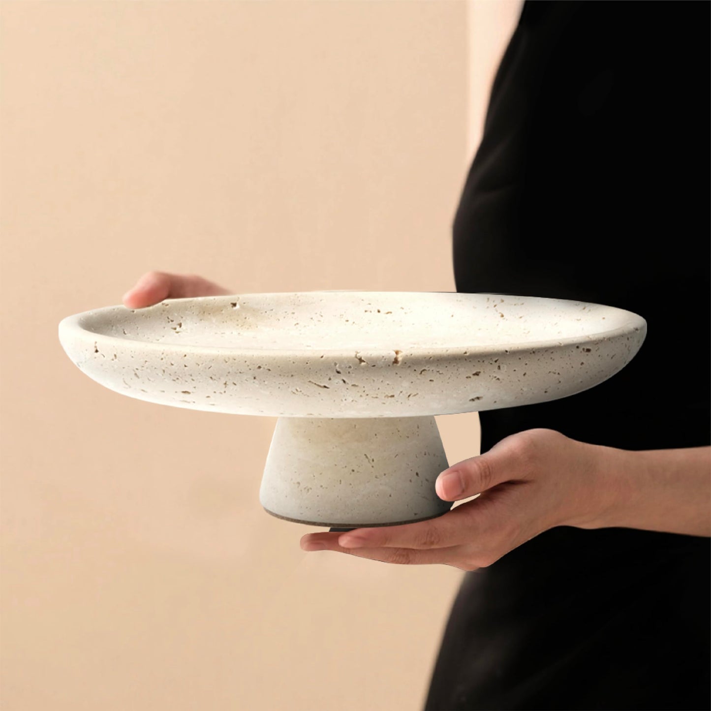 seicasaya 10 Inch Natural Travertine Fruit Bowl, Pedestal Stand Decorative Stone Bowl with Matte Finish for Table or Kitchen Countertop (Yellow Cave Stone)