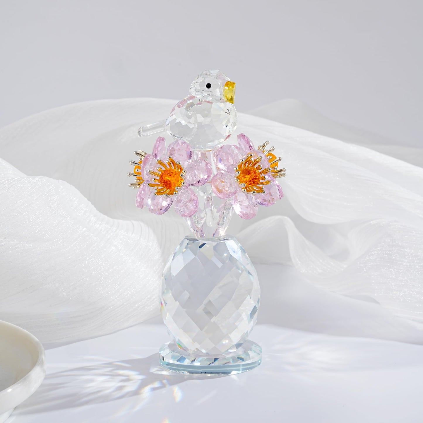 CNCRMEM Crystal Bird & Forget-Me-Not Flower Figurine,3x4 inch Glass Flower Collectible Ornaments for Home Decor Table Centerpiece Glass Bouquet Flowers Keepsake Gifts for Women （Pink）