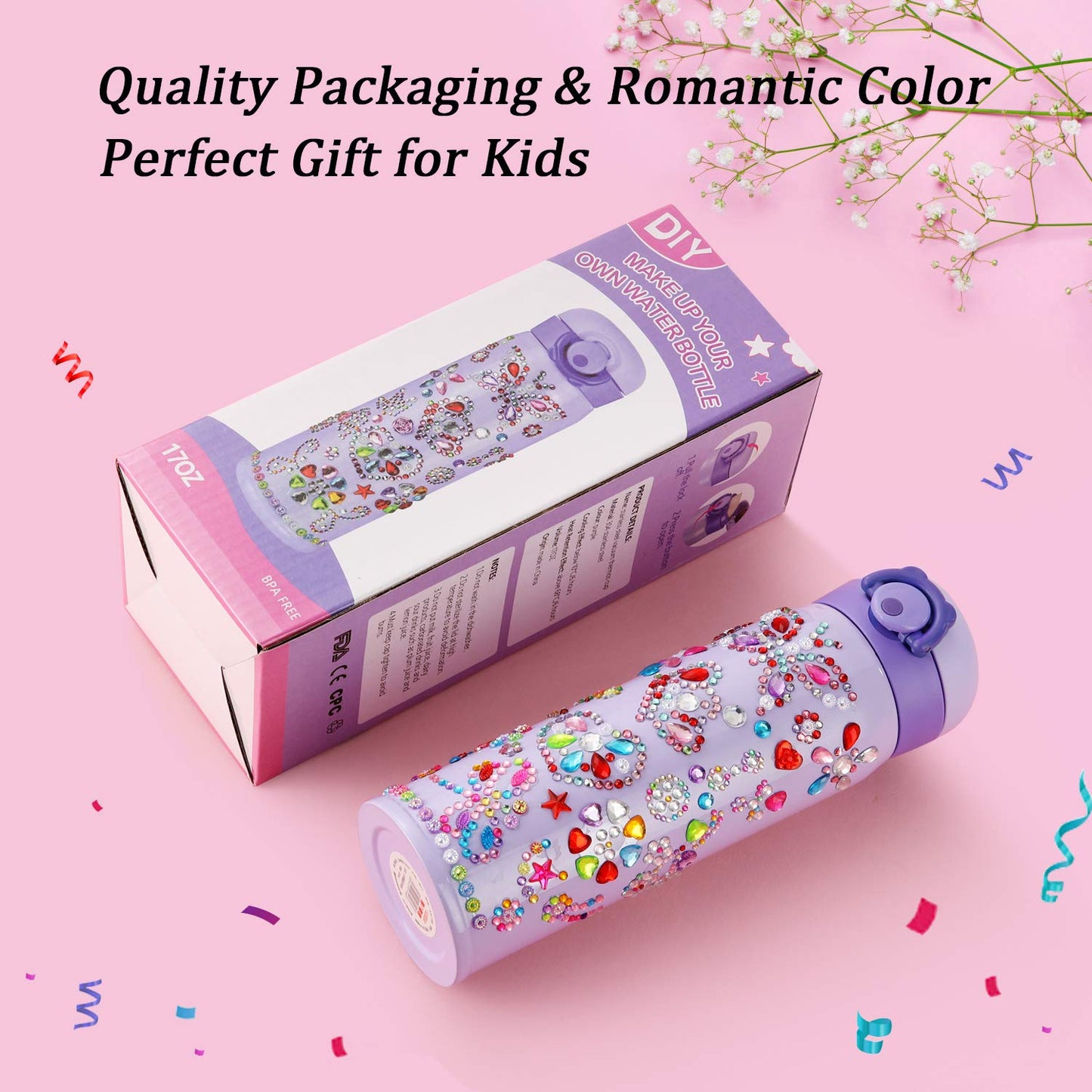 HULASO Gifts for Girls Decorate Your Own Water Bottles with Rhinestone Glitter Gem Stickers- Birthday Gifts for Kids DIY Arts and Crafts, BPA Free Stainless Steel Vacuum Insulated Mug (17 OZ)