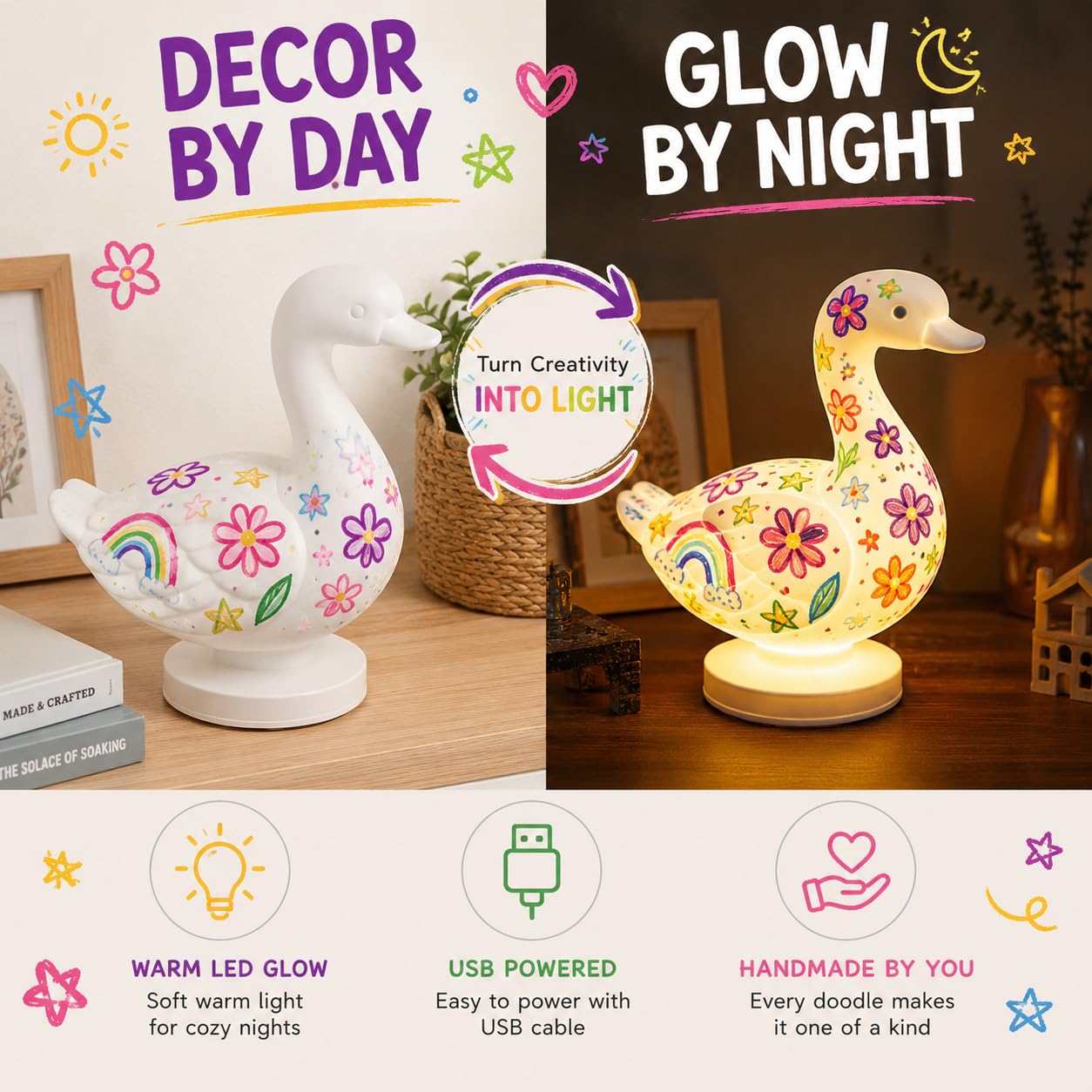 Eastyle DIY Paint Lamp Kit for Kids & Adults - USB Powered Goose Night Light with Lamp Painting Kit & Markers - Creative DIY Crafts for Teens & Unique Paint Gift for Birthday, Room Decor & Art Lovers