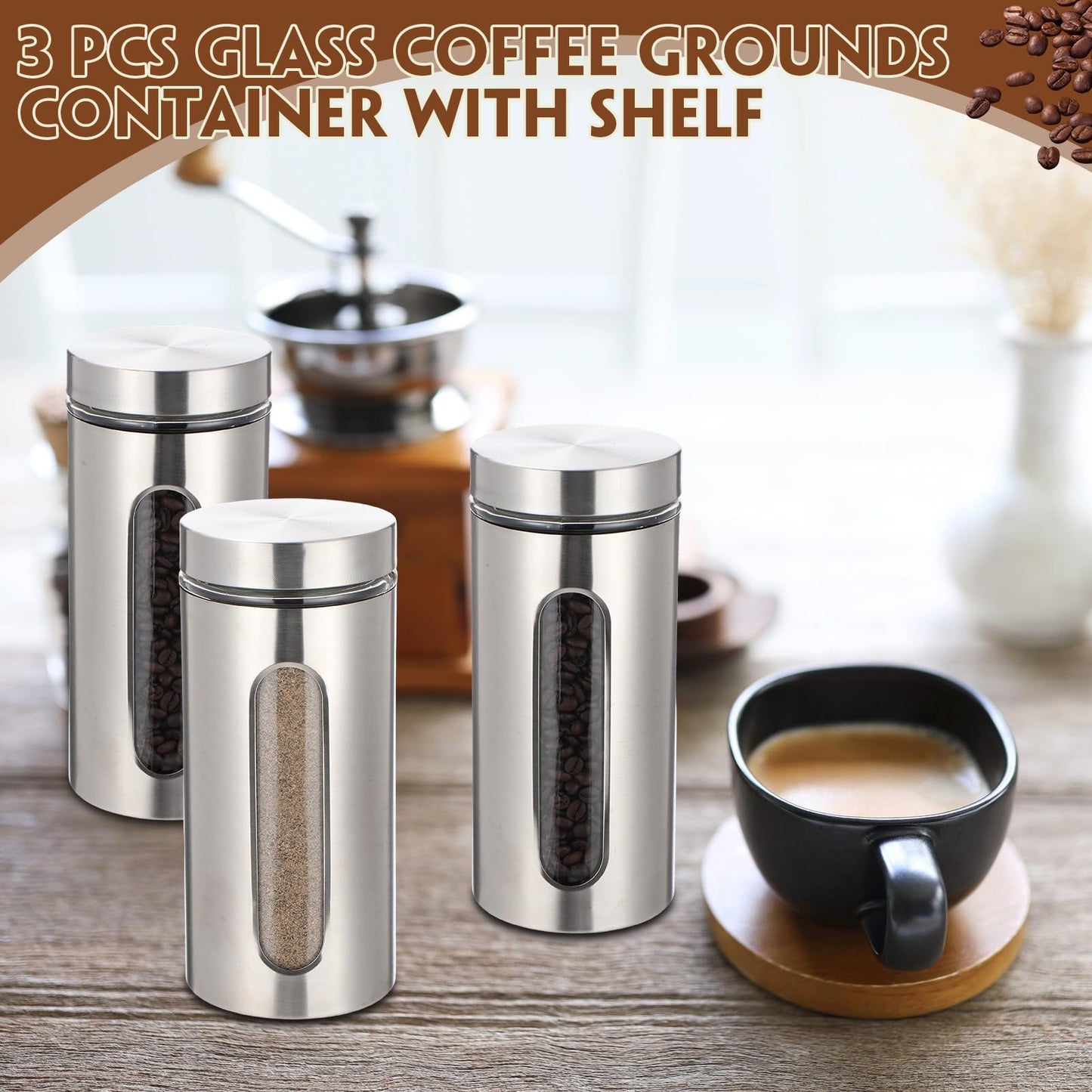 Suclain Stainless Steel Coffee Grounds Canisters with Shelf 3 x 50oz Sugar Coffee Bean Storage Container with Airtight Threaded Lid Glass Window Scoop Kitchen Jar Set for Bar Creamer Nut Tea