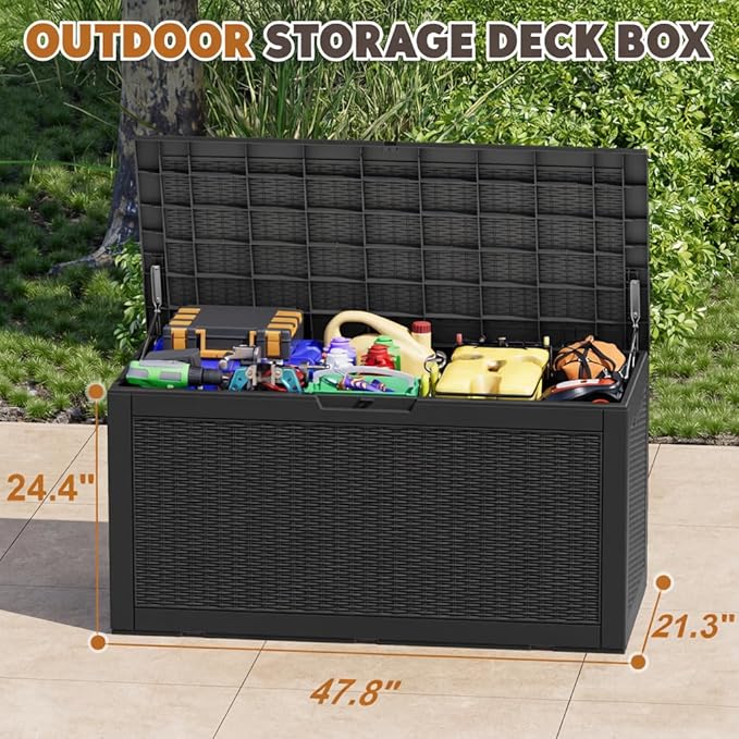 Outdoor Storage Box, Resin Deck Boxes Indoor and outdoor, Waterproof Storage Box Lockable Lid (Black, 101 Gallon)