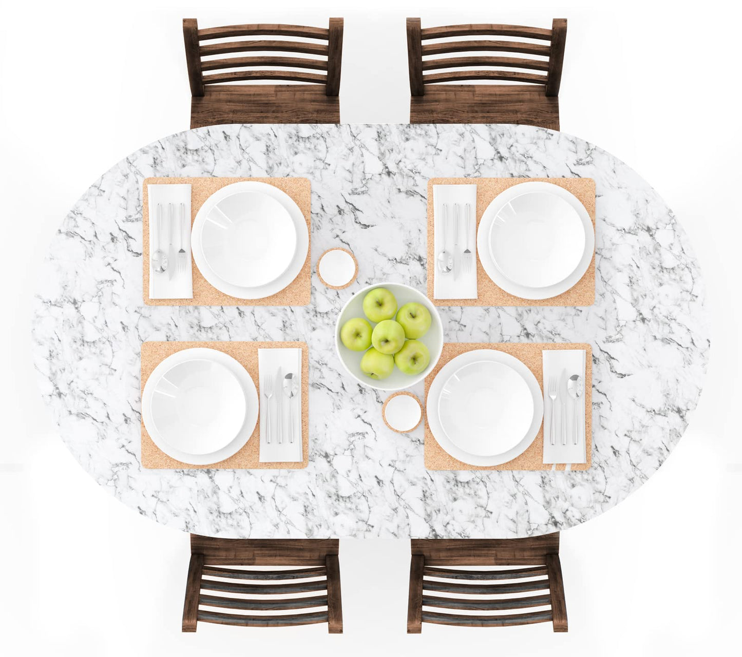 UMINEUX Oval Fitted Vinyl Tablecloth with Elastic Edged & Flannel Backing, Waterproof Wipeable Oval Table Cover - Fits Tables up to 42"X68" (WhiteMarble)