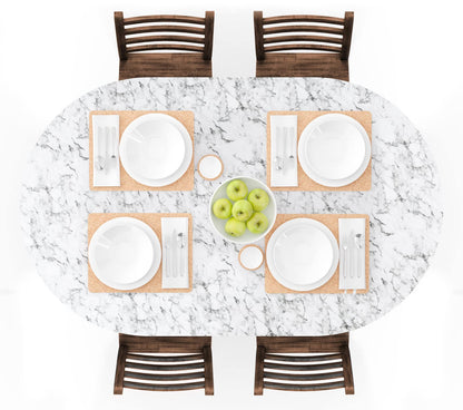 UMINEUX Oval Fitted Vinyl Tablecloth with Elastic Edged & Flannel Backing, Waterproof Wipeable Oval Table Cover - Fits Tables up to 42"X68" (WhiteMarble)