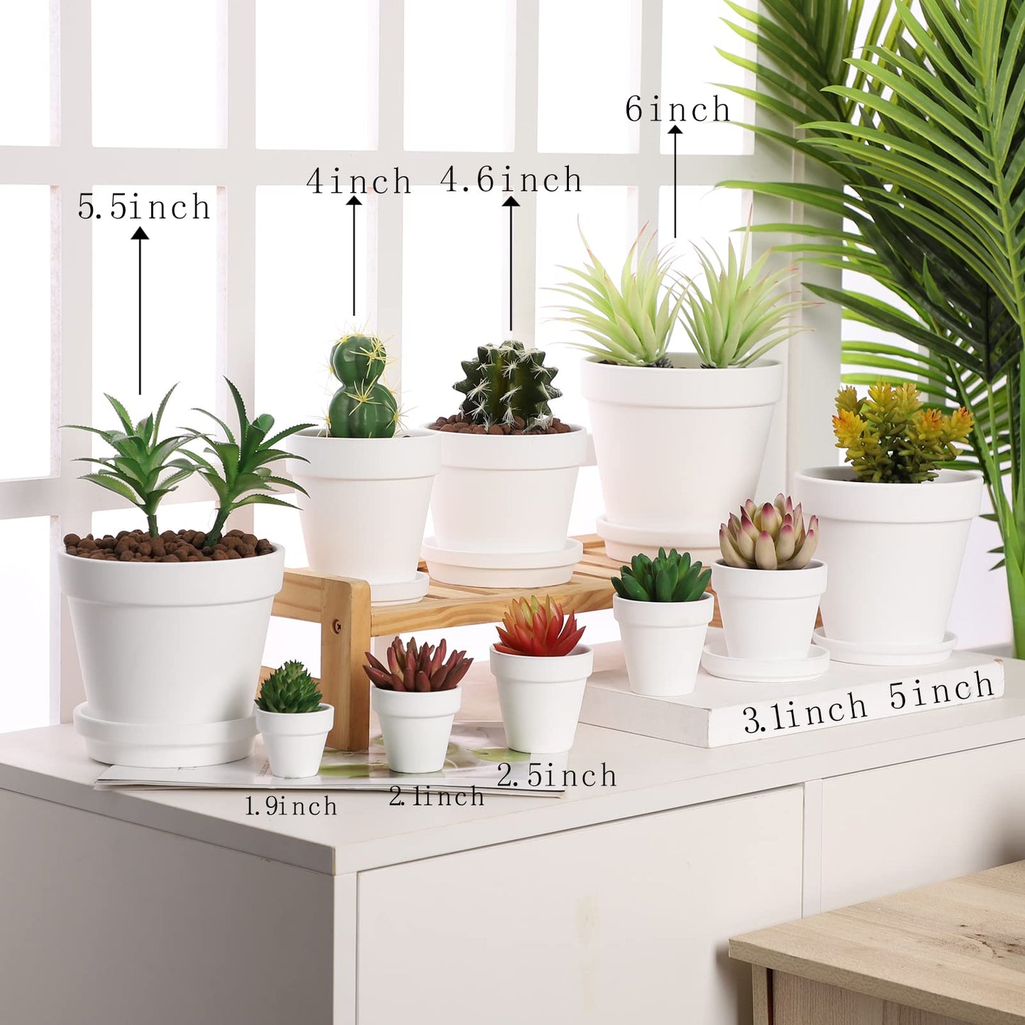 Yishang Terra Cotta Pots with Saucer/Ceramic Tray, 6-Pack Large Terracotta Pots 4.6'' Clay Ceramic Planters for Succulent, Cactus, Flower Plants, Crafts (White)
