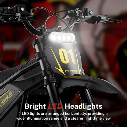 Heybike Villain Electric Dirt Bike, 4160W E Dirt Bike with 52V 26AH Battery, 14"/12" Fat Tire Electric Motorcycle for Teens, Max 45MPH Ebike with Reversing Function（Standard; Inky Black）