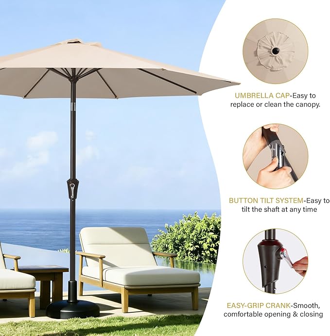 MEWAY 9ft Patio Umbrella Outdoor Table Umbrellas with Push Button Tilt and Crank, Market Umbrella 8 Sturdy Ribs for Deck, Garden, Pool and Backyard, Beige