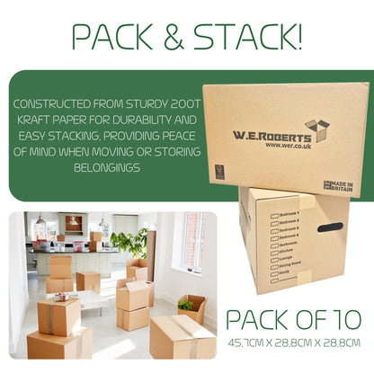 10 Strong Large Cardboard Storage Packing Moving House Boxes with Carry Handles and Room List – Ideal for Storage, Moving, and Packing 18" x 11" x 11" internal. Made in the UK