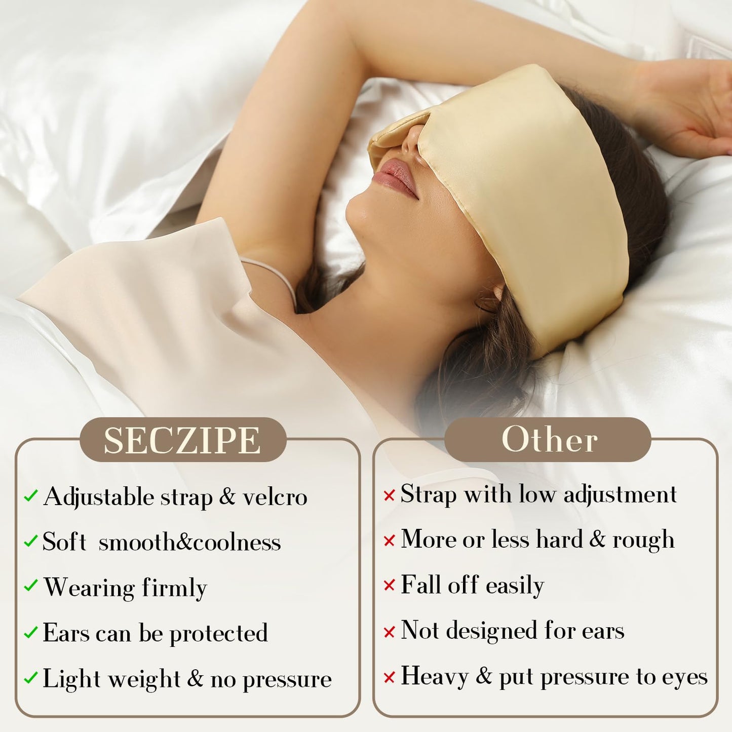 100% Mulberry Silk Sleep Mask Eye Mask for Women Man with Adjustable Band, for Side Sleeper Blackout Sleep Mask for Travel Rest and Office Large Size (Taupe)