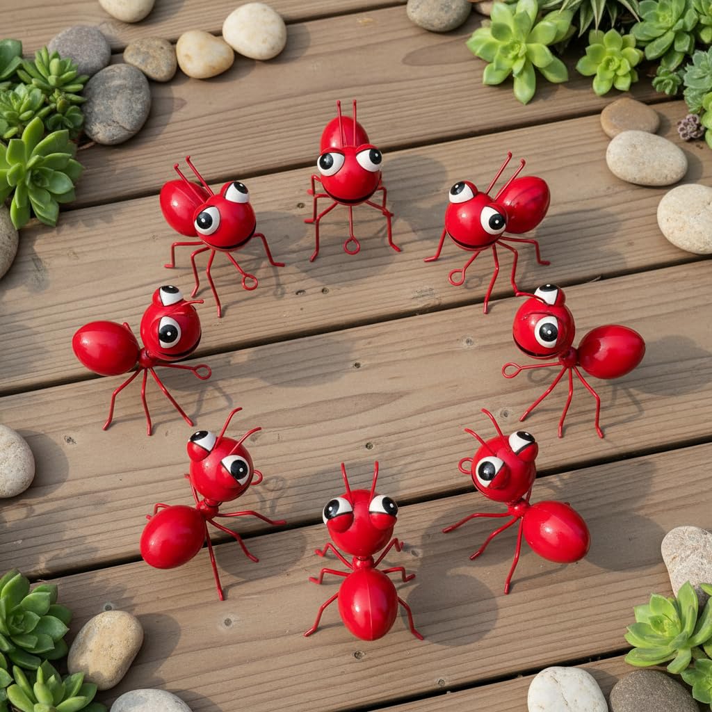 Cruis Cuka Metal Yard Art Garden Decor for Outside Cute Ants Yard Decorations Outdoor Lawn Ornaments Backyard Gifts for Mom - Set of 8（All Red）