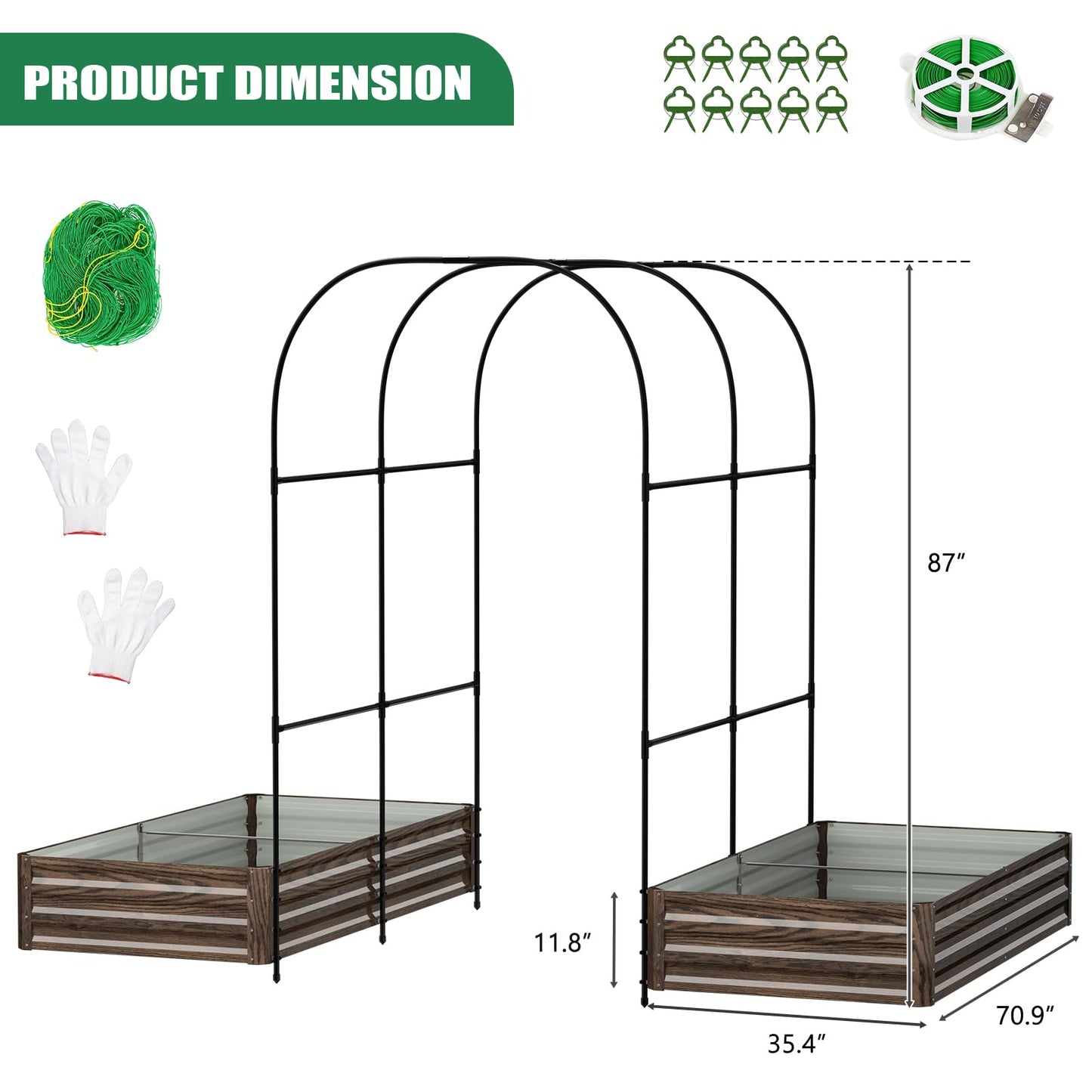 SUNYRISY Galvanized Raised Garden Bed with 87" H Arch Trellis for Climbing Plants Outdoor, Large Metal Planter Box with Netting for Gardening Flowers Vegetables Fruit, Wood Grain