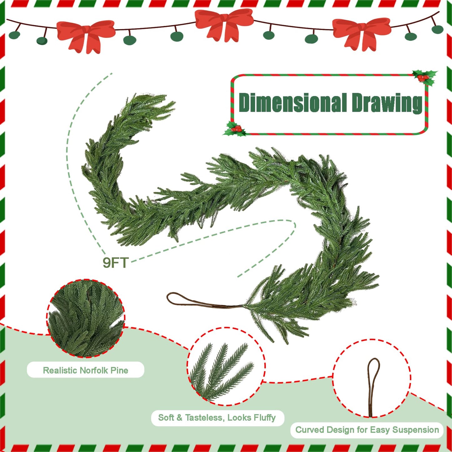 FUTBER 9FT Christmas Garlands Norfolk Pine - Real Touch Pine Garlands - Garlands Christmas Decorations for Home Dining Table Mantel Porch Winter Christmas Decor