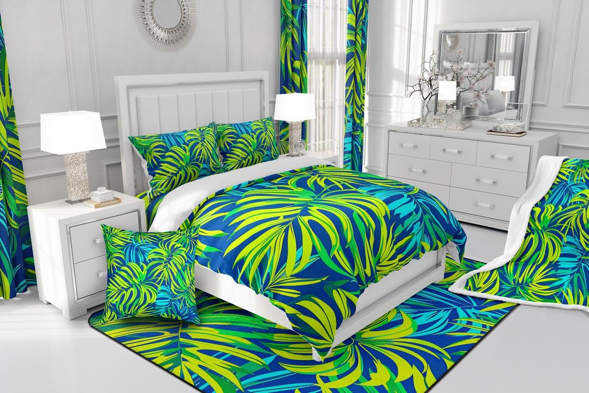 Palm Leaf Duvet Cover,Tropical Plant Comforter Cover for Kids Botany Themed Print Bed Collection,Exotic Palm Tree Natural Botanical Summer Ocean Beach Sea Hawaiian Decor Bedding Set, Queen,Green Blue