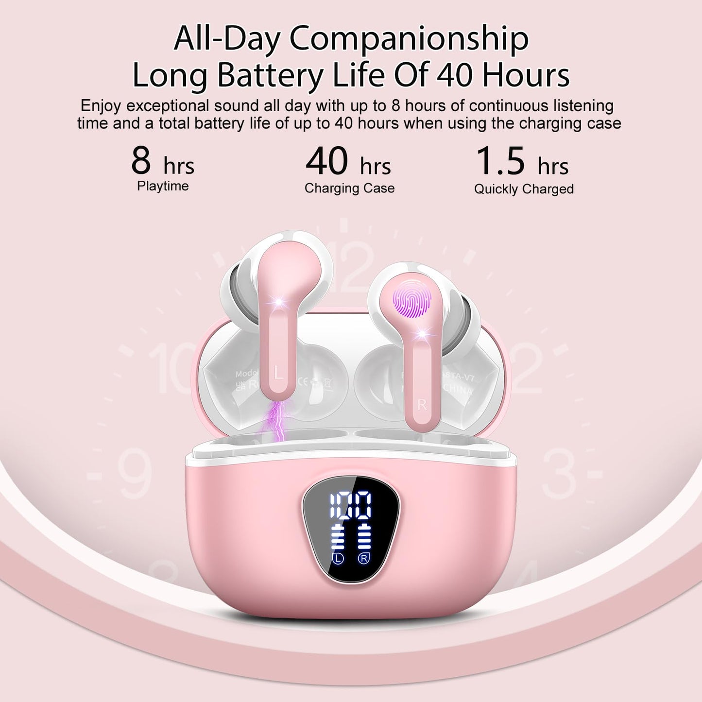 Wireless Earbuds, Bluetooth 5.4 Headphones HiFi Stereo, Bluetooth Earbuds with ENC Noise Cancelling Mic, IP7 Waterproof in Ear Earphones, 48H, LED Display Ear Buds for Pad Phones Workout Sports, Pink