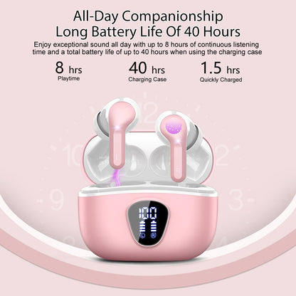 Wireless Earbuds, Bluetooth 5.4 Headphones HiFi Stereo, Bluetooth Earbuds with ENC Noise Cancelling Mic, IP7 Waterproof in Ear Earphones, 48H, LED Display Ear Buds for Pad Phones Workout Sports, Pink