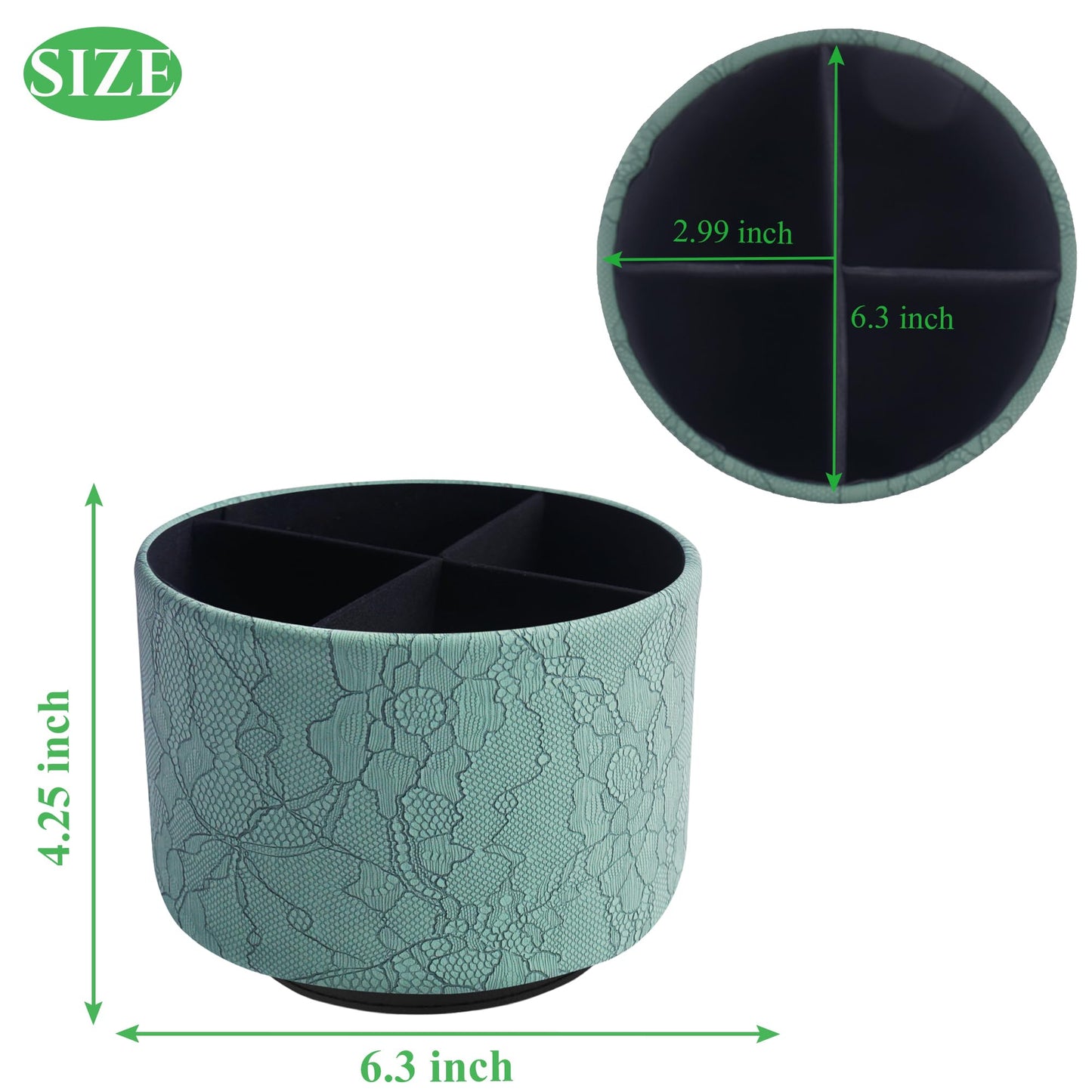 Lvkjafaz Round Leather Art Supply Organizer,Remote Control Holder,360 Degree Spinning,Multi-Functional Pencil Holder,4 Compartments Desktop Stationary Organizer(1-Lace Flower Green2)
