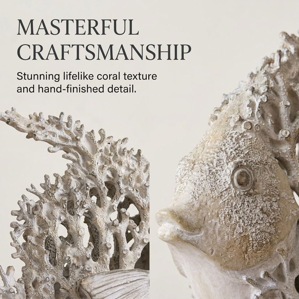 QIANLING Beach Coastal Decor Coral Reef Angelfish Figurines, Modern Nautical Decor Ocean Centerpieces for Living Room, Bathroom, Office, Coffee Table, Beach House, Seaside, Entrance, Shelf Decorative