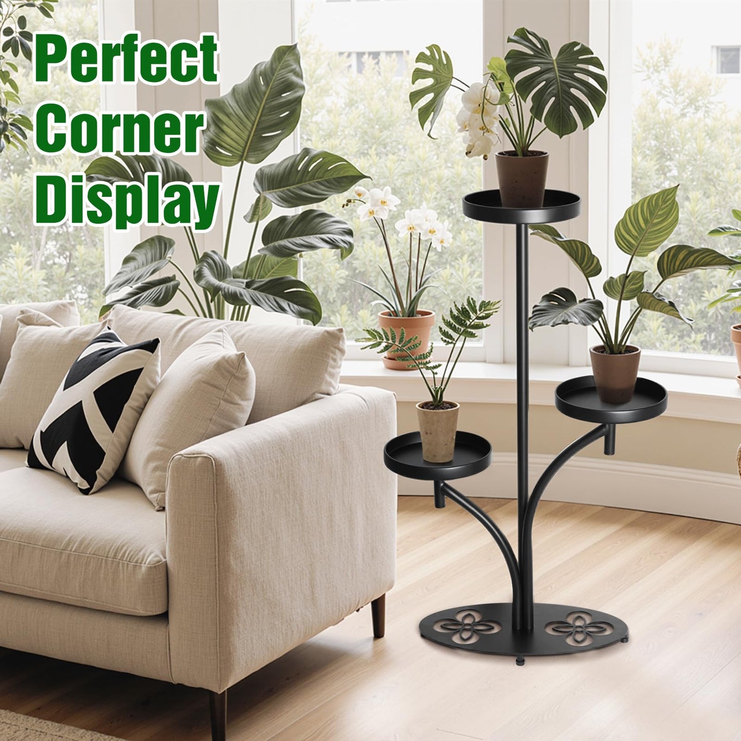 XZHXZH,Indoor 3 Tier Black Plant Stand, Tall Metal Plant Stand, Heavy-duty Base in the Shape of a Four-leaf Clover, Layered Modern Flower Pot Rack, Suitable for Courtyards, Patios, Living Rooms, Bedrooms