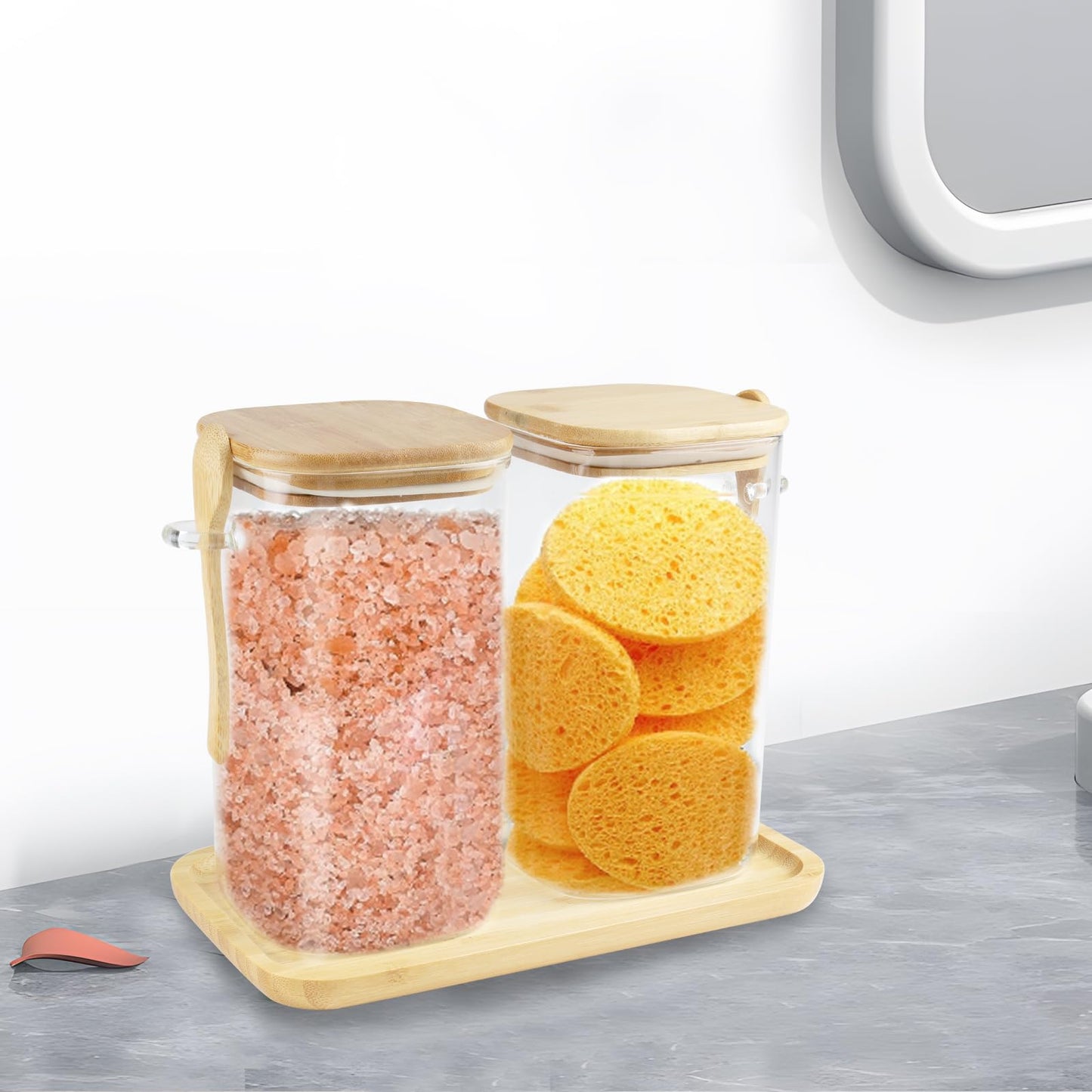 Glass Bath Salt Jars,40oz Bath Salt Container with Scoop and Airtight Lid,Clear Bathroom Salts Cellar Set for Jars with Tray,Labels and white Markers,Bathroom Decor Bathtub Accessories for Women