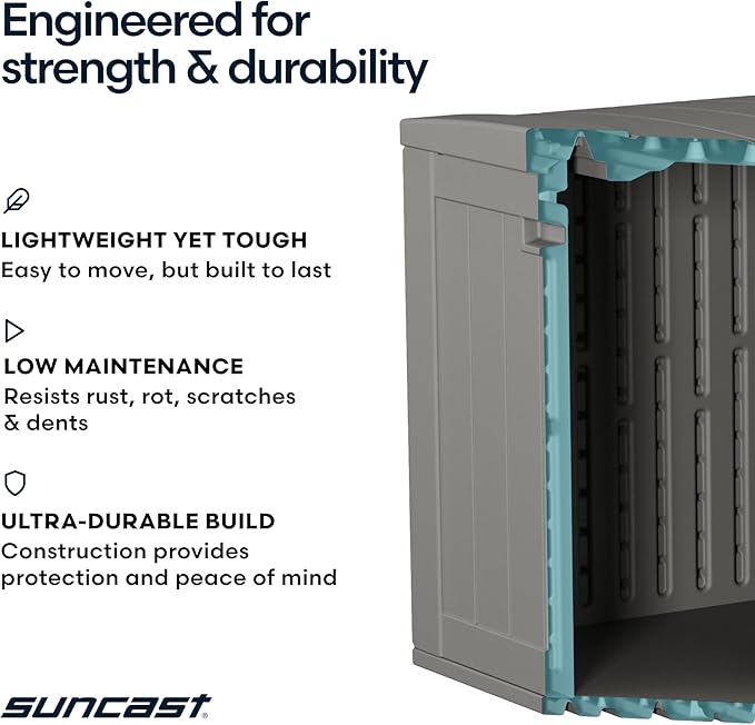 Suncast 120 Gallon Deck Box - Resin Outdoor Storage Box for Patio Cushions, Pool Accessories, & Garden Tools, Lockable Outdoor Storage Bin with Split Lid, Extra Large Dove Gray Outside Container