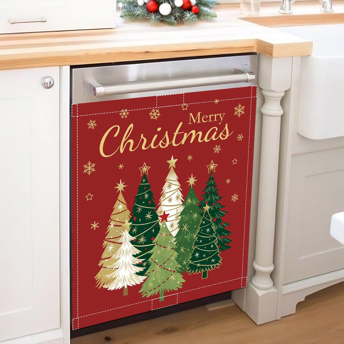 Christmas Tree Magnet Cover 23x26in Merry Christmas Dishwasher Cover for Washers Fridge Panel, Gold Snowflake Magnetic Covers for Kitchen, Reusable Cover, Christmas Holly Evergreen Kitchen Decor