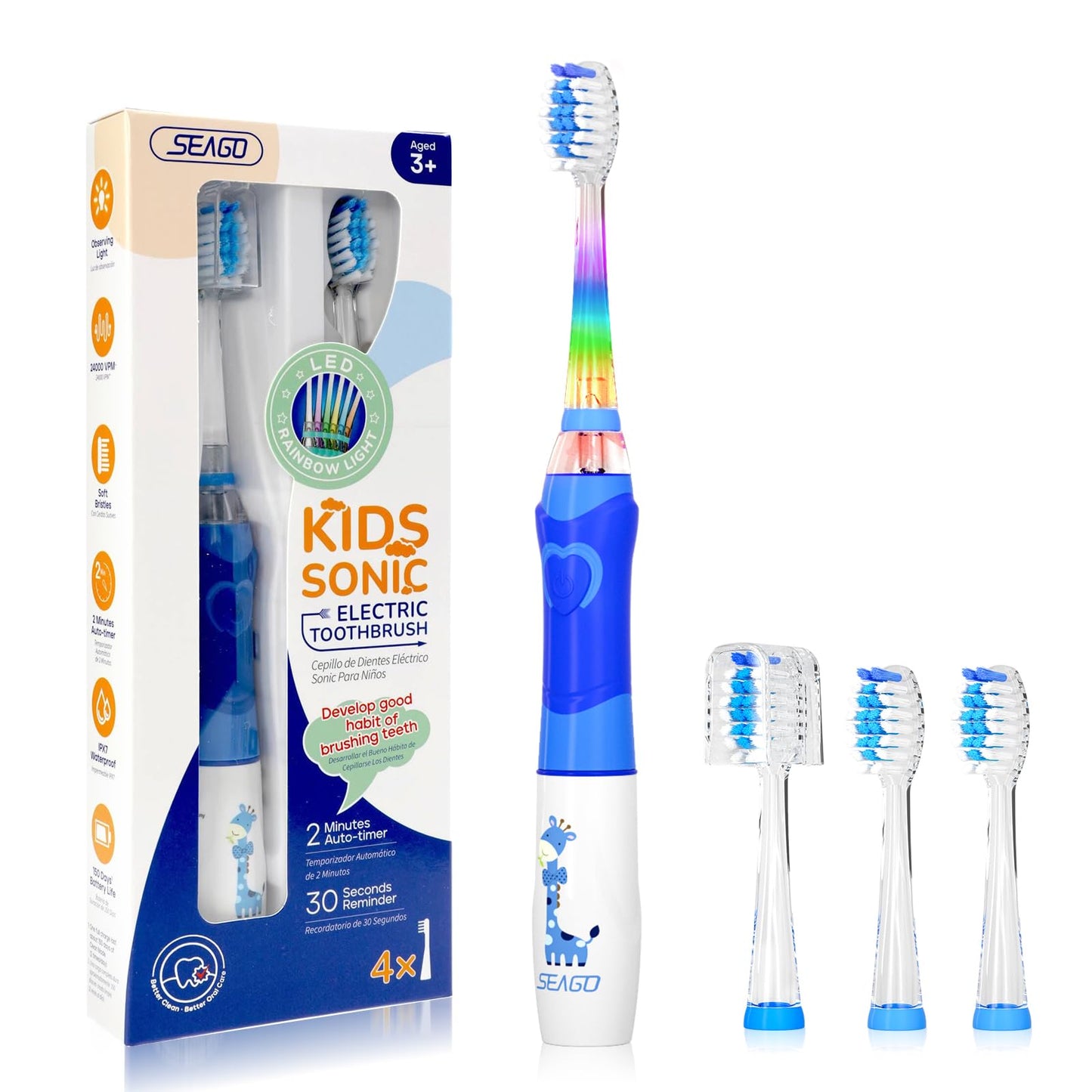 SEAGO Kids Electric Toothbrush with 2 Mins Brushing Timer and 4 Replacement Bursh Heads, Rainbow LED Light Make Brushing Fun, Boys Battery Powerd Toothbrush for 4-12 Years Old，SG-977 (Light Blue)
