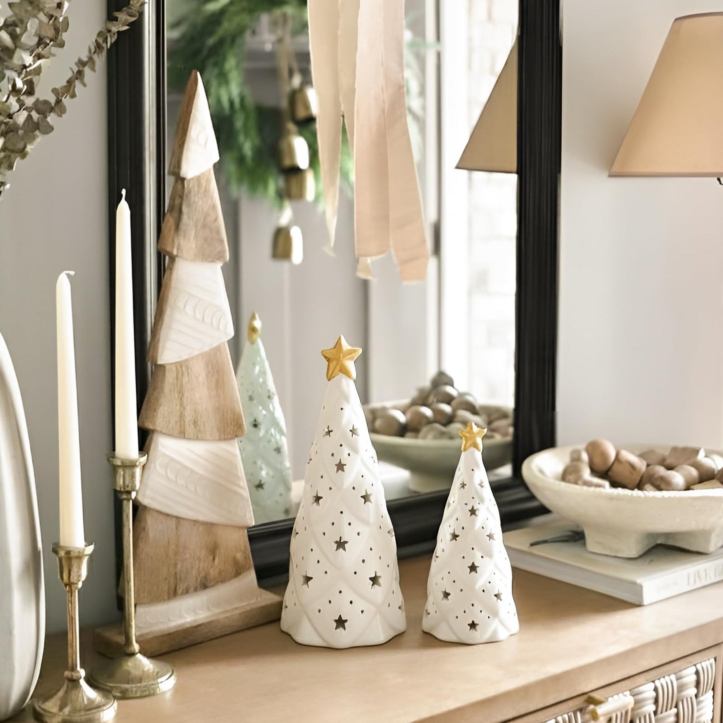 DN DECONATION Ceramic Christmas Trees Light Up White, 2Pcs Christmas Tree Lighted, Xmas Small Tree with Lights, Christmas Tree Figurines for Tabletop Fireplace Home Centerpieces Decoration
