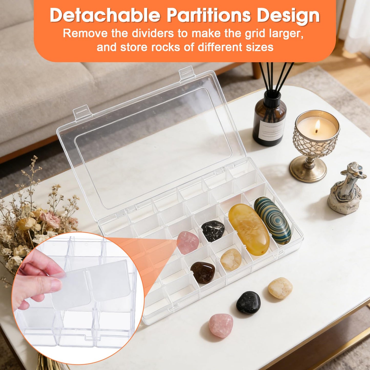 2 Pack Rock Collection Box, 36 Grids Rock Display Case with Adjustable Dividers, Clear Plastic Box Ideal for Rock Collection, Suitable for Crystal, Gemstone, Fossil, Seashells, Jewelry, Beads, Crafts