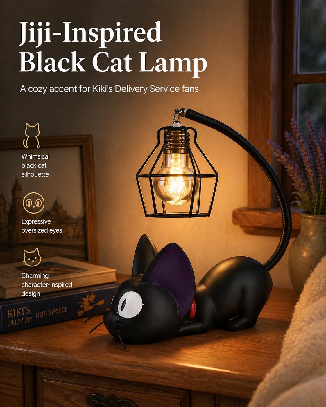 OVANUS Jiji Cat Lamp, Kiki's Delivery Service Night Light, Studio Ghibli Inspired Resin Black Cat Lamp for Bedroom Desk Shelf Decor, Gift for Anime Fans