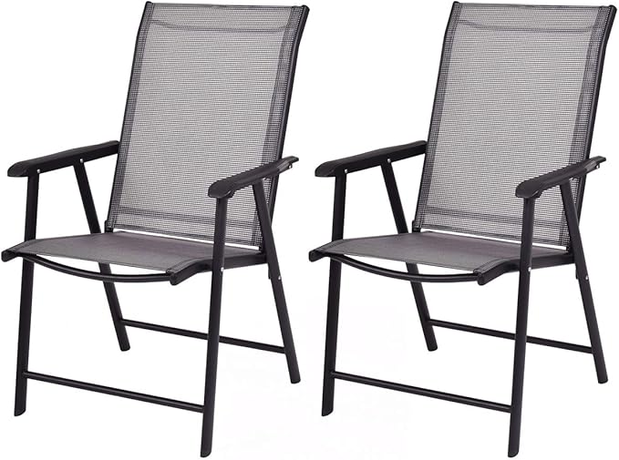 Giantex Set of 2 Patio Folding Chairs, Outdoor Chairs with Armrest, Portable Dining Chairs for Porch Camping Pool Beach Deck Lawn Garden, 2-Pack Patio Sling Chairs, Metal Frame, Grey
